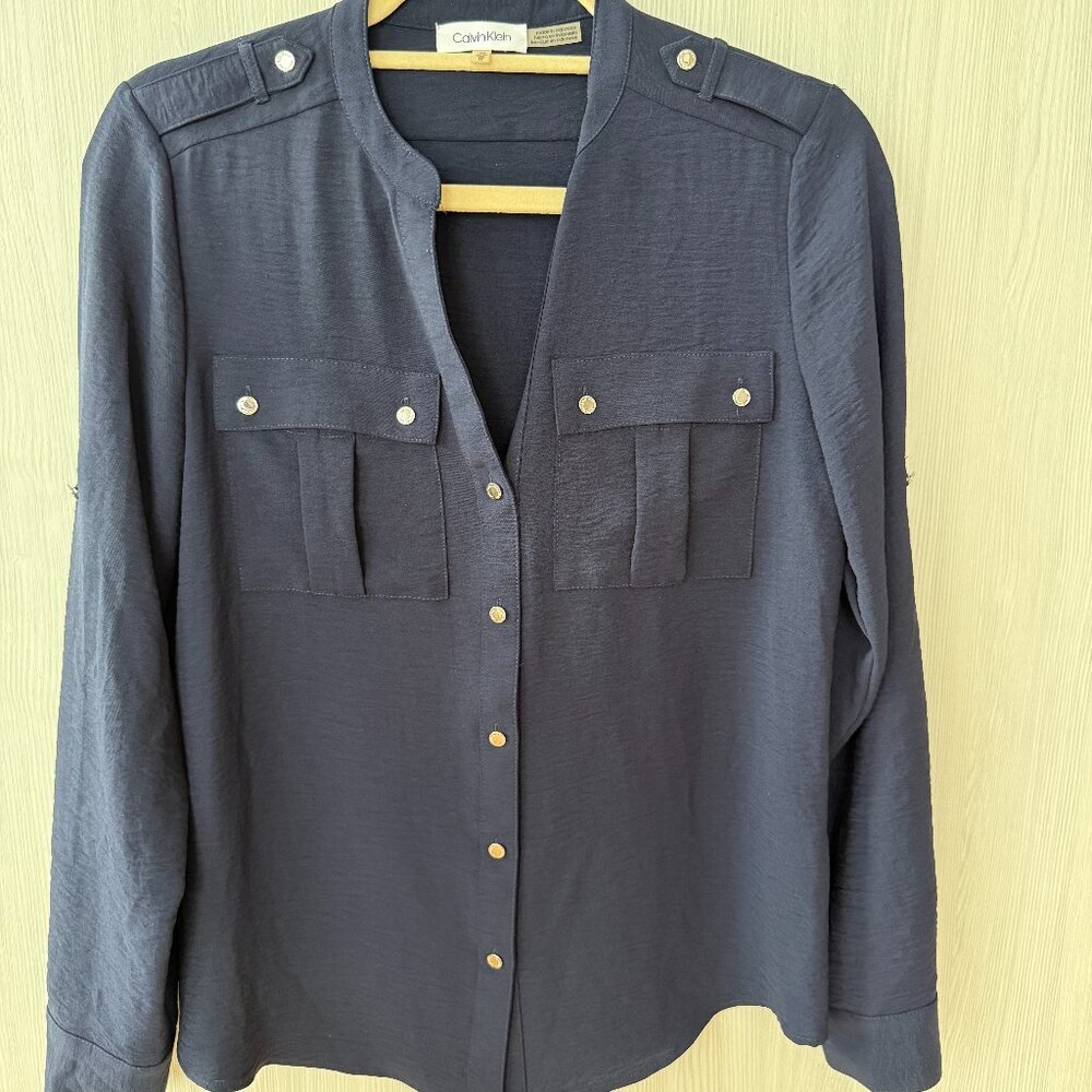 Calvin Klein Navy Gold-Button Blouse – XS (sale ends TODAY)